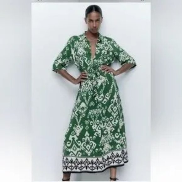 Zara Belted Printed Green Short Sleeves Button Front Midi Shirt Dress Size S - Picture 3 of 10